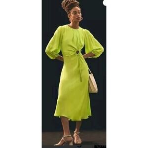Farm Rio NWT Women's lime Green Long Sleeves Puff-Sleeve Midi Dress Size Xsmall